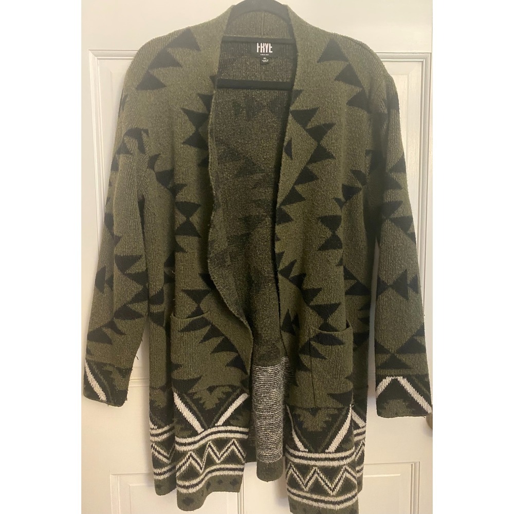 Frye Olive Green Geometric Southwestern Open Front Cardigan Sweater Woman's XL